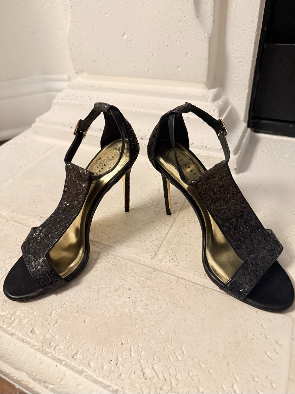 Ted Baker London Black Sequined T-Strap Stiletto Sandals, Size 7.5
